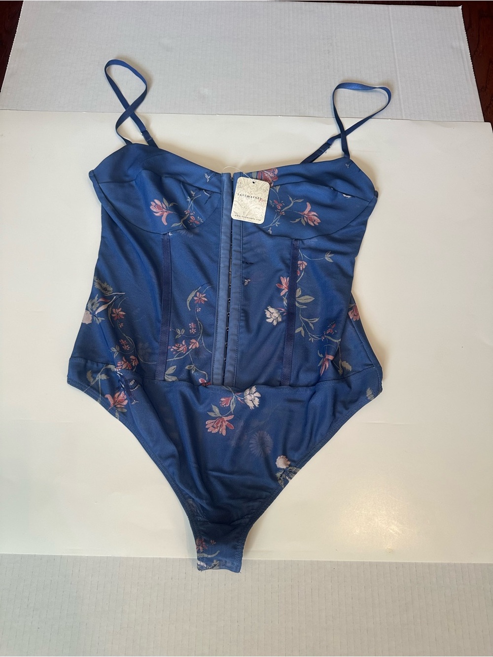 Free People Intimately Printed Night Rhythm Floral Bodysuit Blue Size L NWT